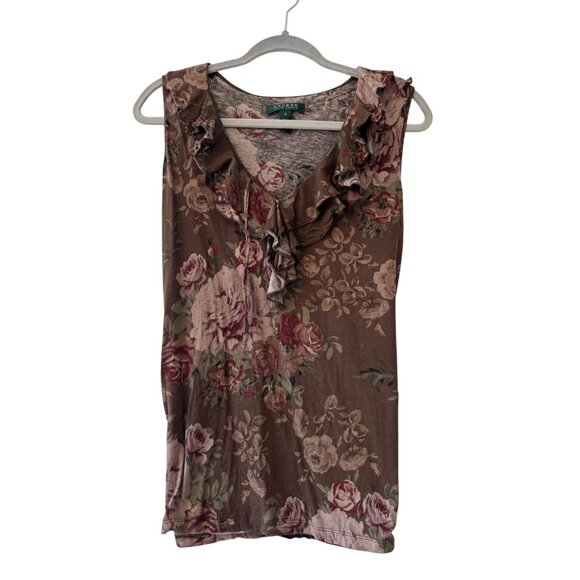 Lauren Ralph Lauren Floral Ruffle Sleeveless Top 1X Cotton Brown & Pink - Picture 2 of 12